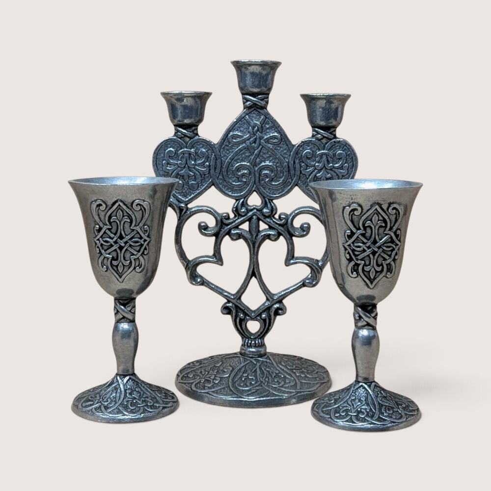 1990s Carlson Forevermore Pewter Candlestick and Goblet Set